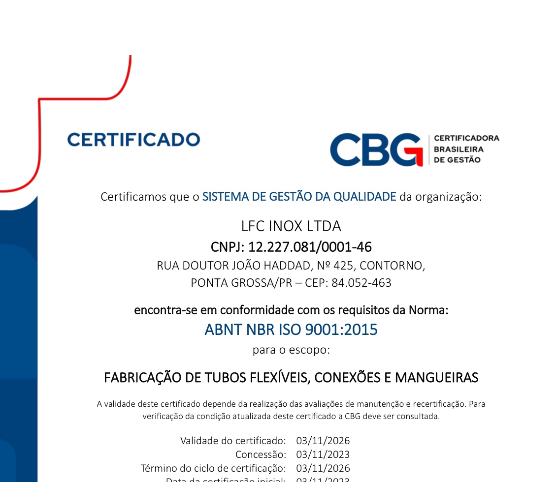 Certificado ISO 9001:2015 da LFC Inox emitido pela CBG, escopo fabricação de tubos flexíveis, conexões e mangueiras