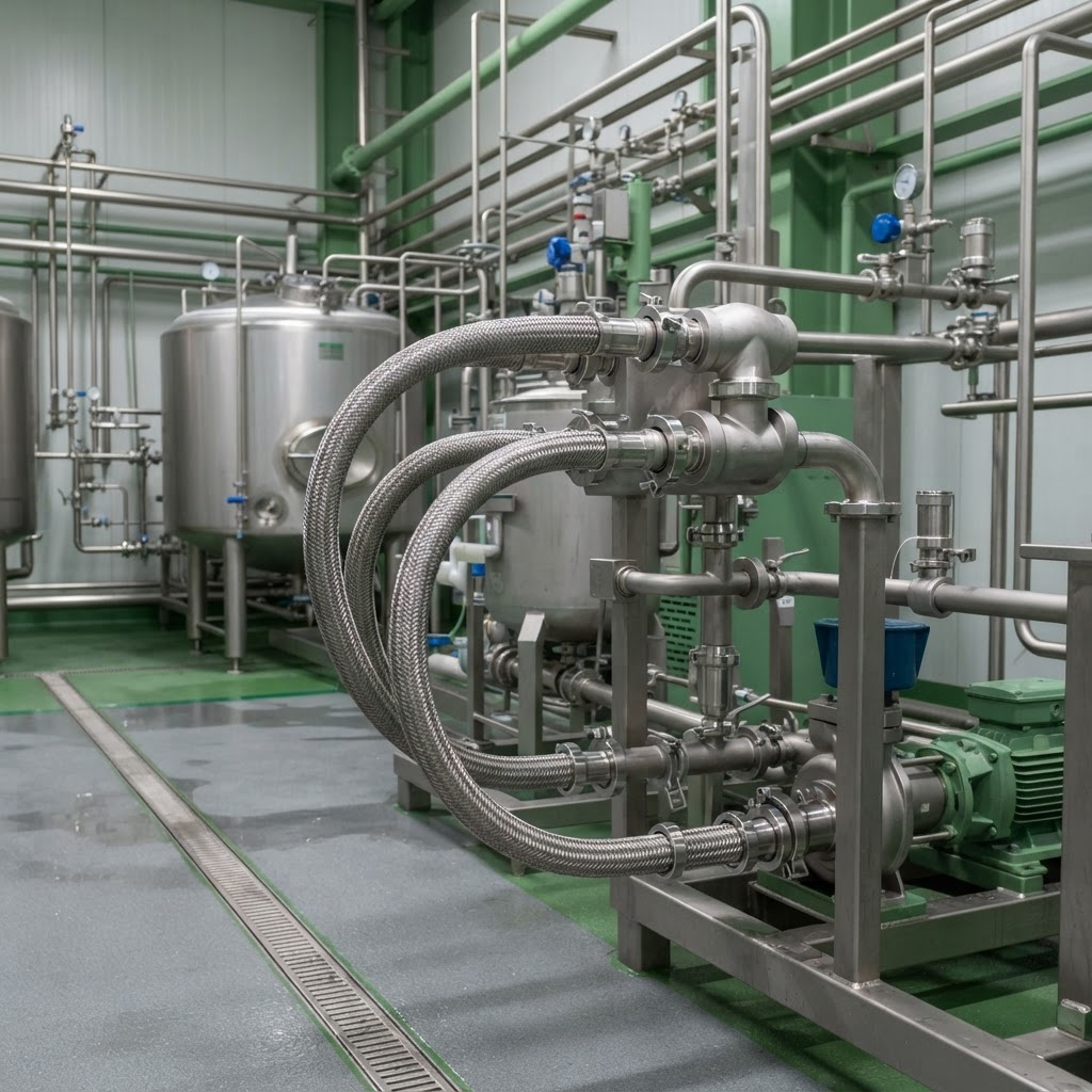 Mangueiras flexíveis em aço inox conectadas à sucção de bomba sanitária em sala de processo