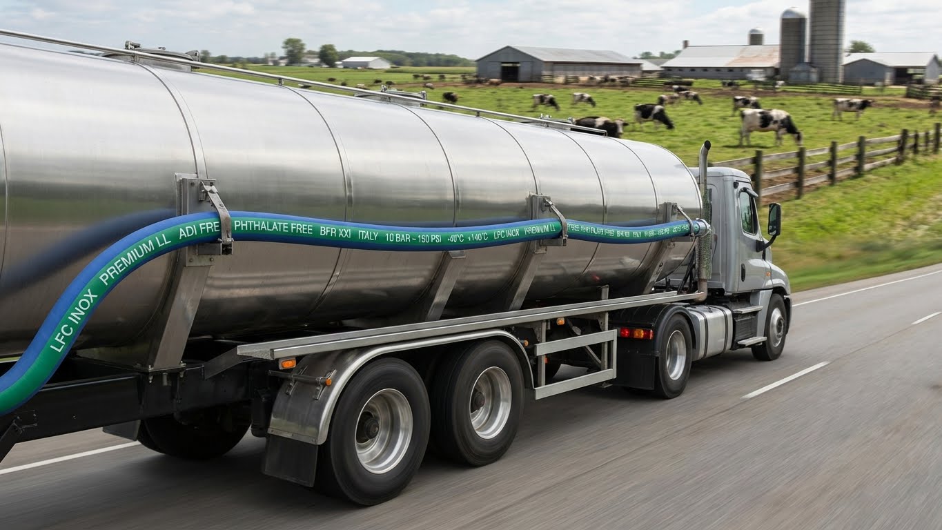 Mangueira sanitária Premium LL da LFC Inox com marcação de lote e especificações, instalada em caminhão-tanque de leite