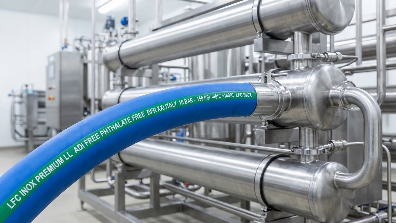Mangueira sanitária azul LFC Inox Premium LL conectada a trocador de calor em sala de processo